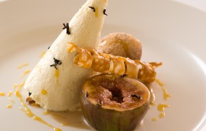 Almond, Rose with French Vanilla Parfait, Chocolate Doughnut, Caramelized Fig and Peppermint and English Toffee Tea Sauce
