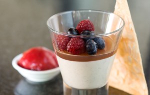 Vanilla Bean Panacotta with Berry Sensation Jelly, Fresh Berries and Strawberry Sorbet