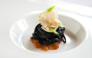 Tea Smoked Baby Abalone with Squid Ink Vermicelli